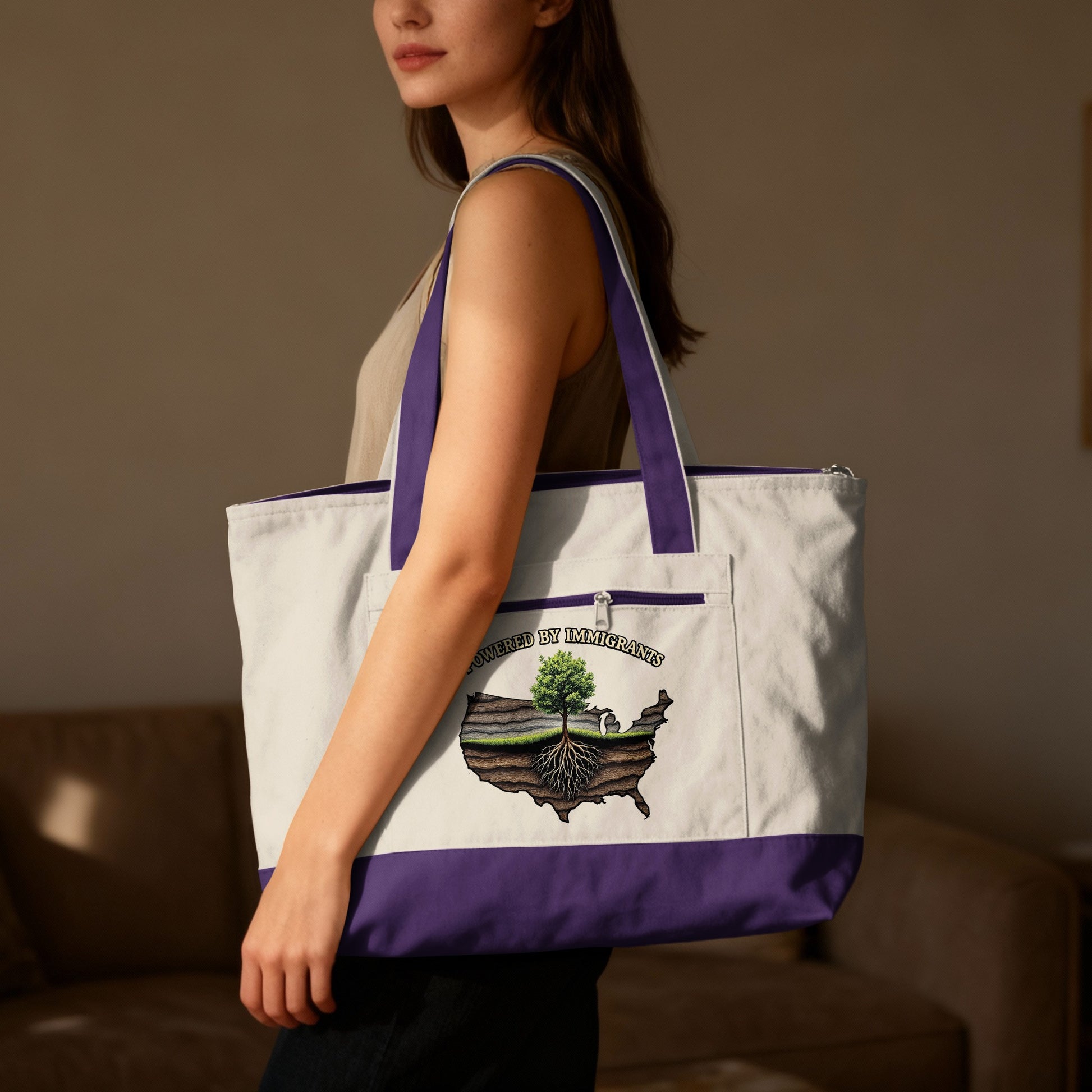 Tote bag with a US map graphic showing a tree growing from soil.