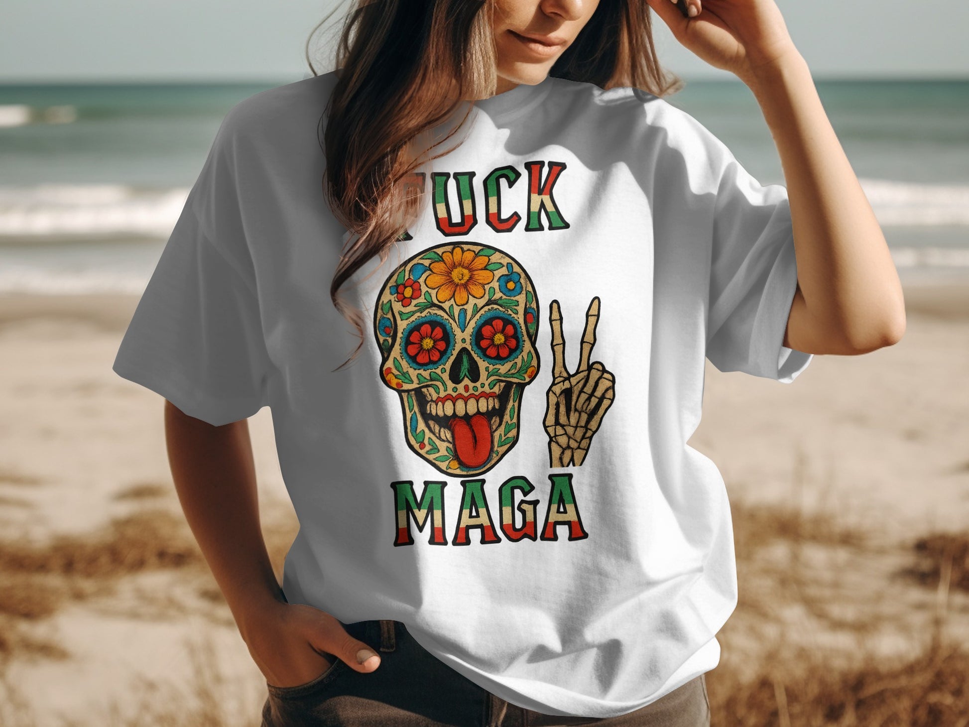 Colorful Skull Hand Gesture Print T-shirt product