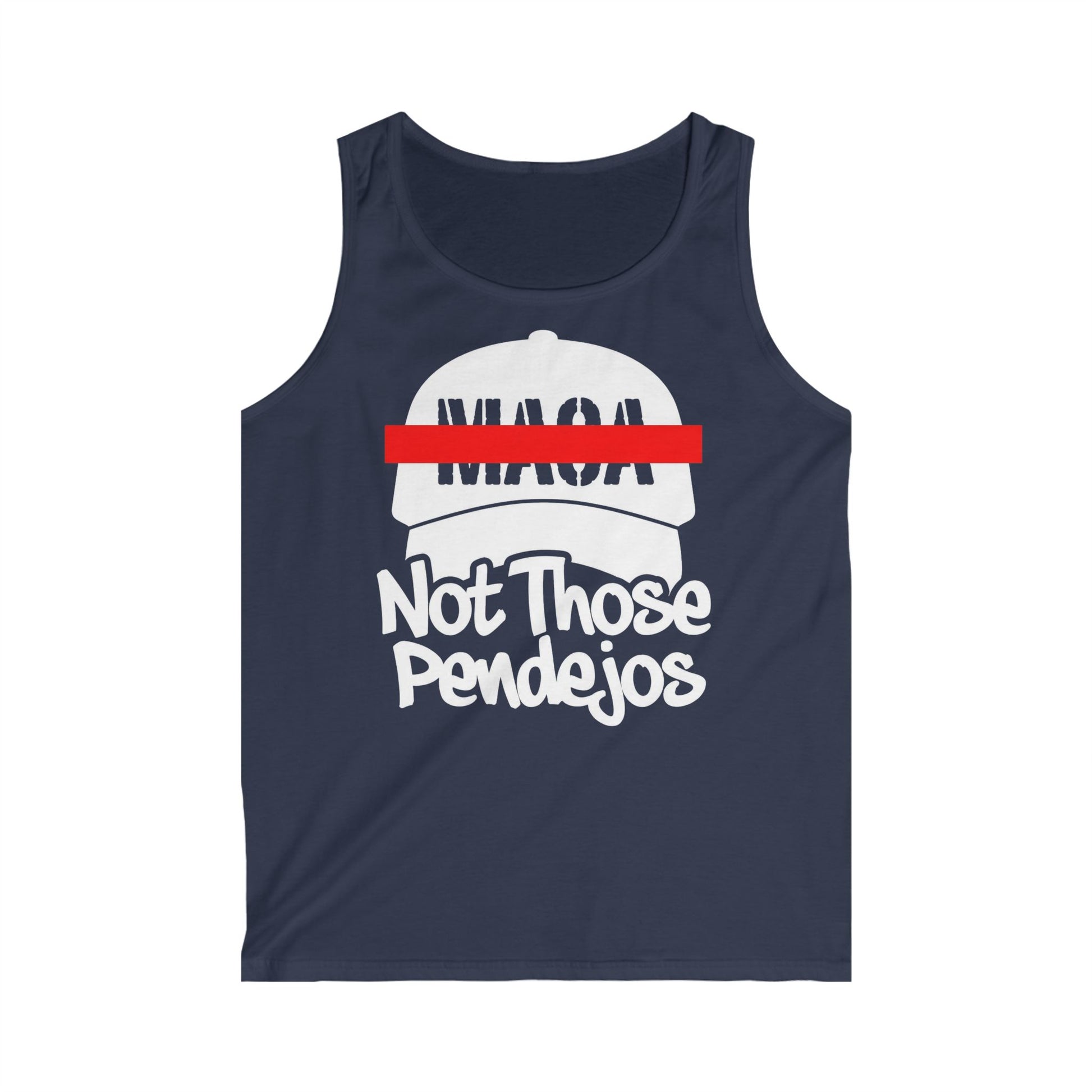 Navy blue tank top with white text "MAQA Not Those Pendejos" and a red line.