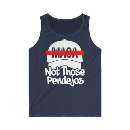Navy blue tank top with white text "MAQA Not Those Pendejos" and a red line.
