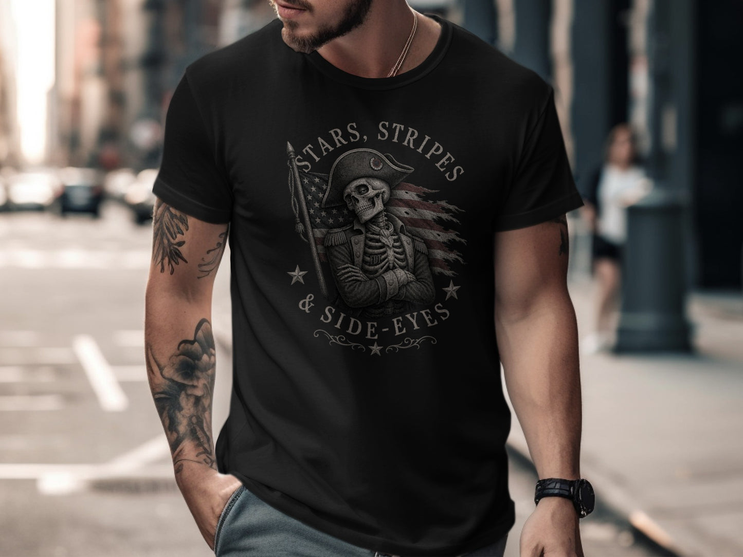 Black t-shirt with patriotic skeleton wearing a tricorn hat.