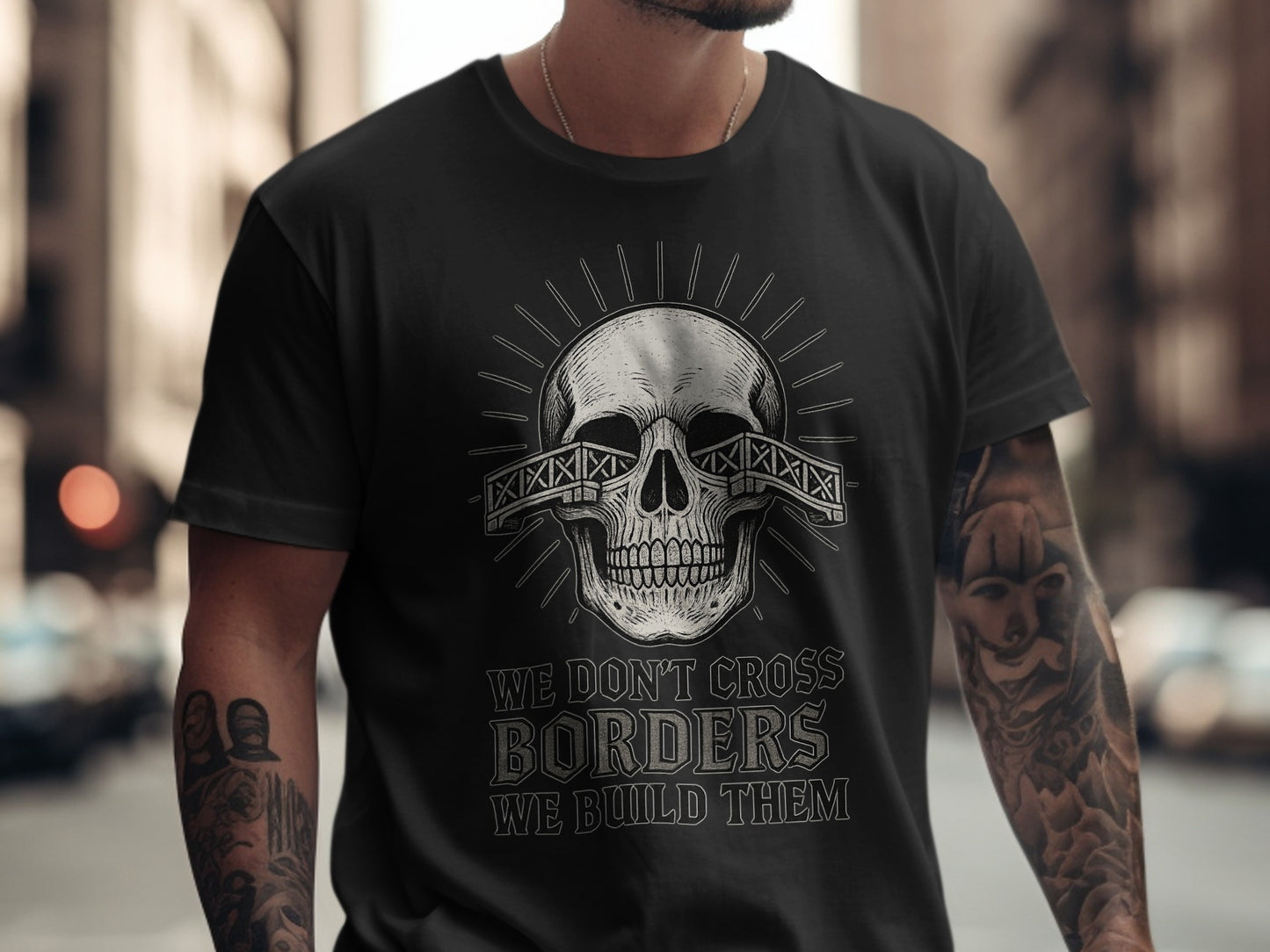Bold Skull Artwork Man in City T-Shirt