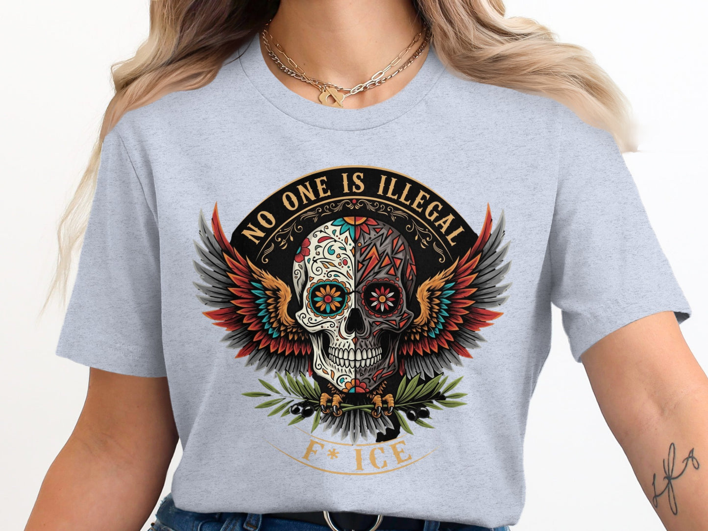 No One Is Illegal Skull Design Statement T-Shirt product
