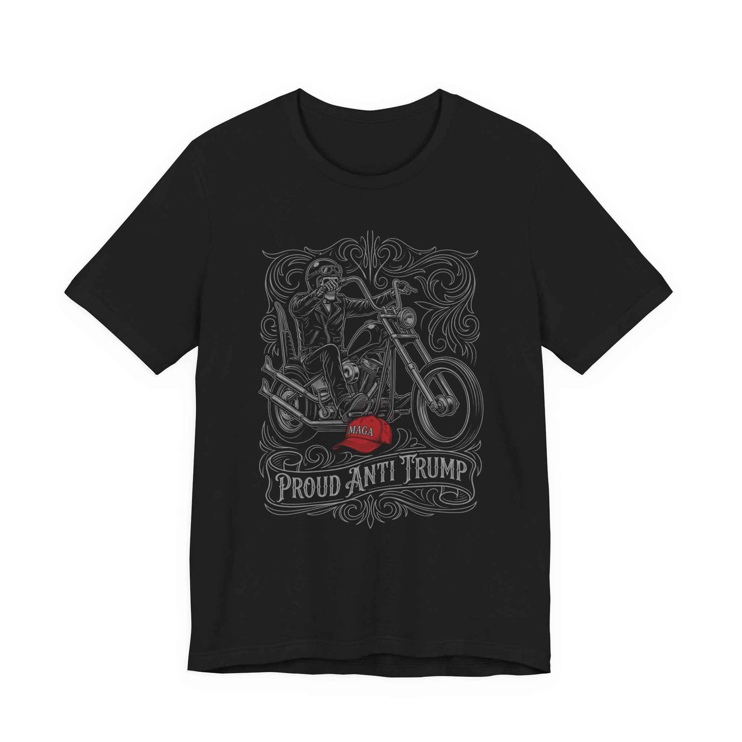 Proud Anti Trump T-Shirts, Skeleton Biker, MAGA Hat Statement, Motorcycle Rider, Political Protest, Unique Graphic T-Shirts