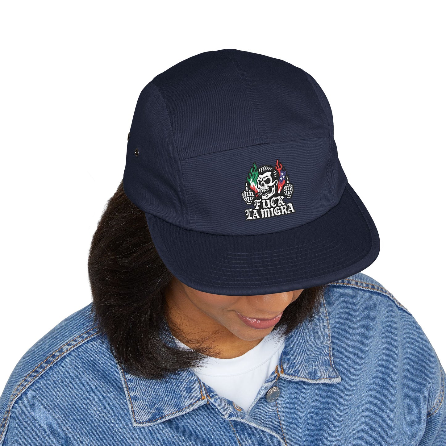Fuck La Migra Hat Embroidered 5-Panel Cap — Skull with Mexican Flag Accent (Explicit Text)