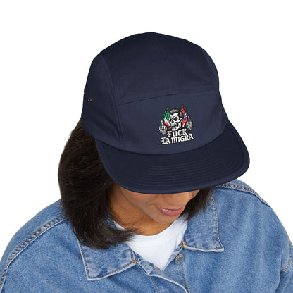 Fuck La Migra Hat Embroidered 5-Panel Cap — Skull with Mexican Flag Accent (Explicit Text)