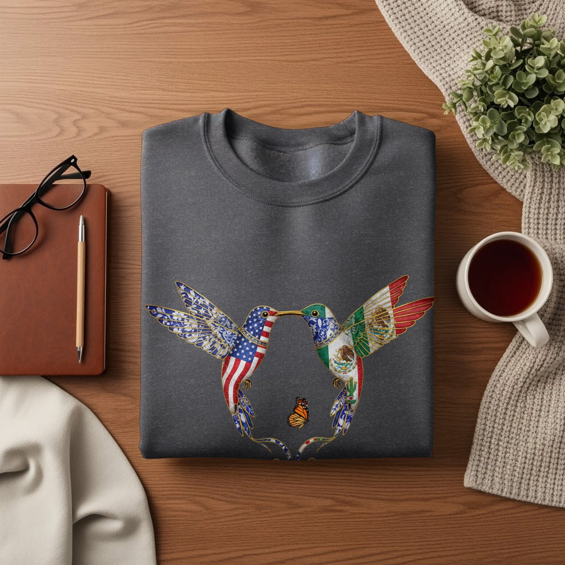 Vibrant Hummingbird with American and Mexican Flags Shirt