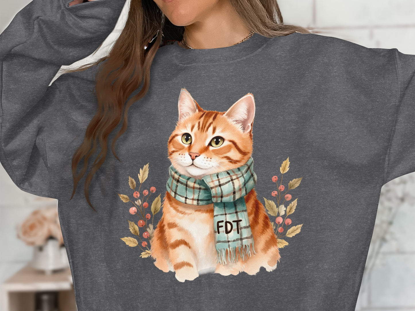 Cozy Adorable Cat Sweater with Autumn Leaf Design