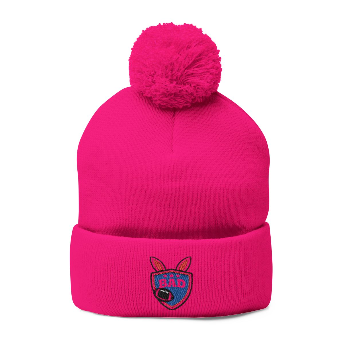 Vibrant Pink Pom Pom Hat with Fun Embroidered Logo