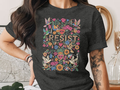 Resist Floral Birds Sacred Heart Colorful Design t-shirt