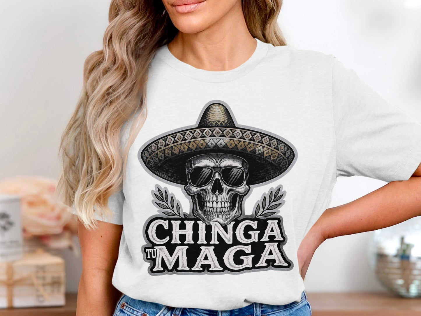 Chinga Tu Maga Skull Wearing Hat Graphic T shirt product