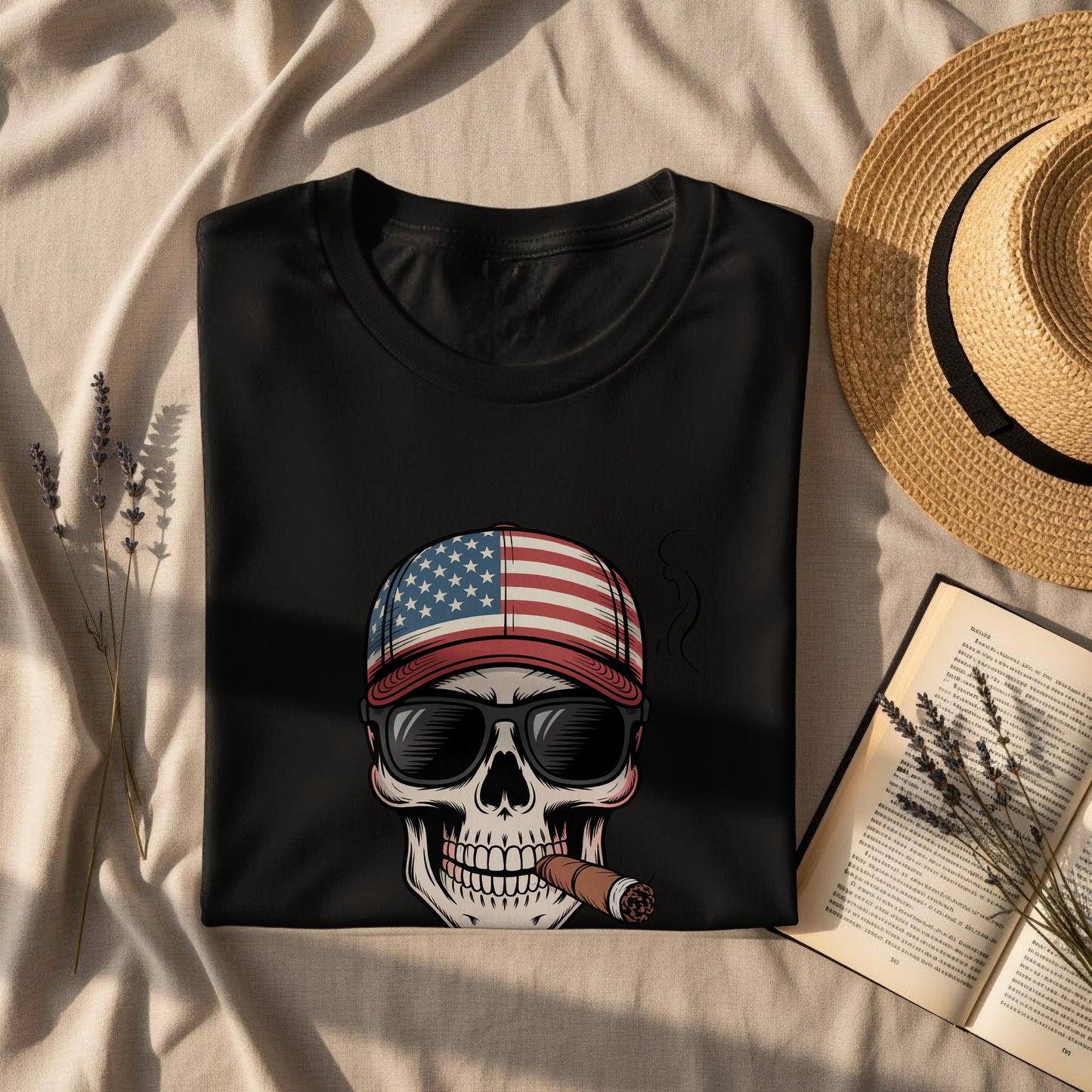 Patriotic Skull with American Flag Hat T-shirt product type