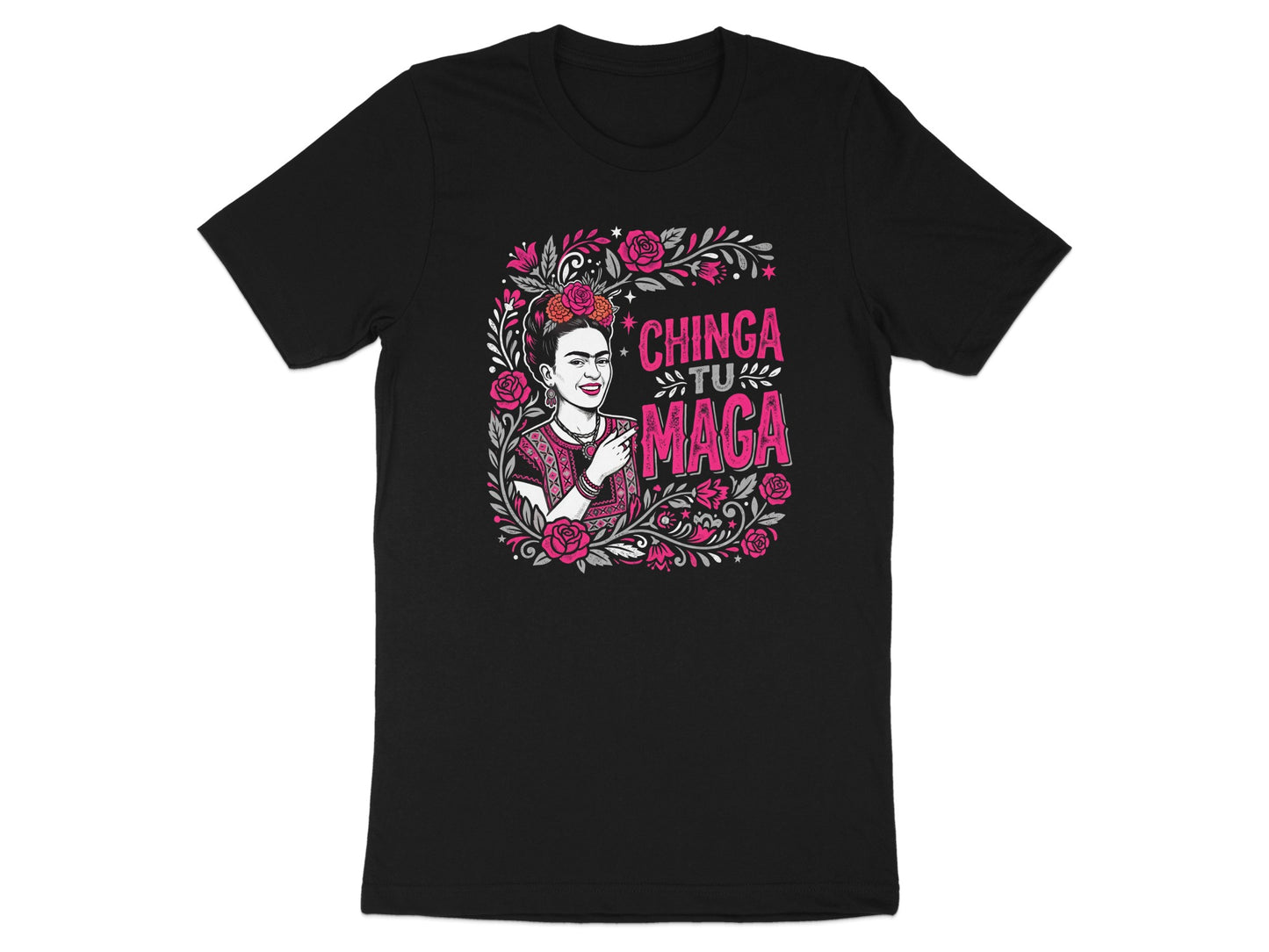 Black t-shirt with Frida Kahlo artwork and "Chinga Tu M****" text.