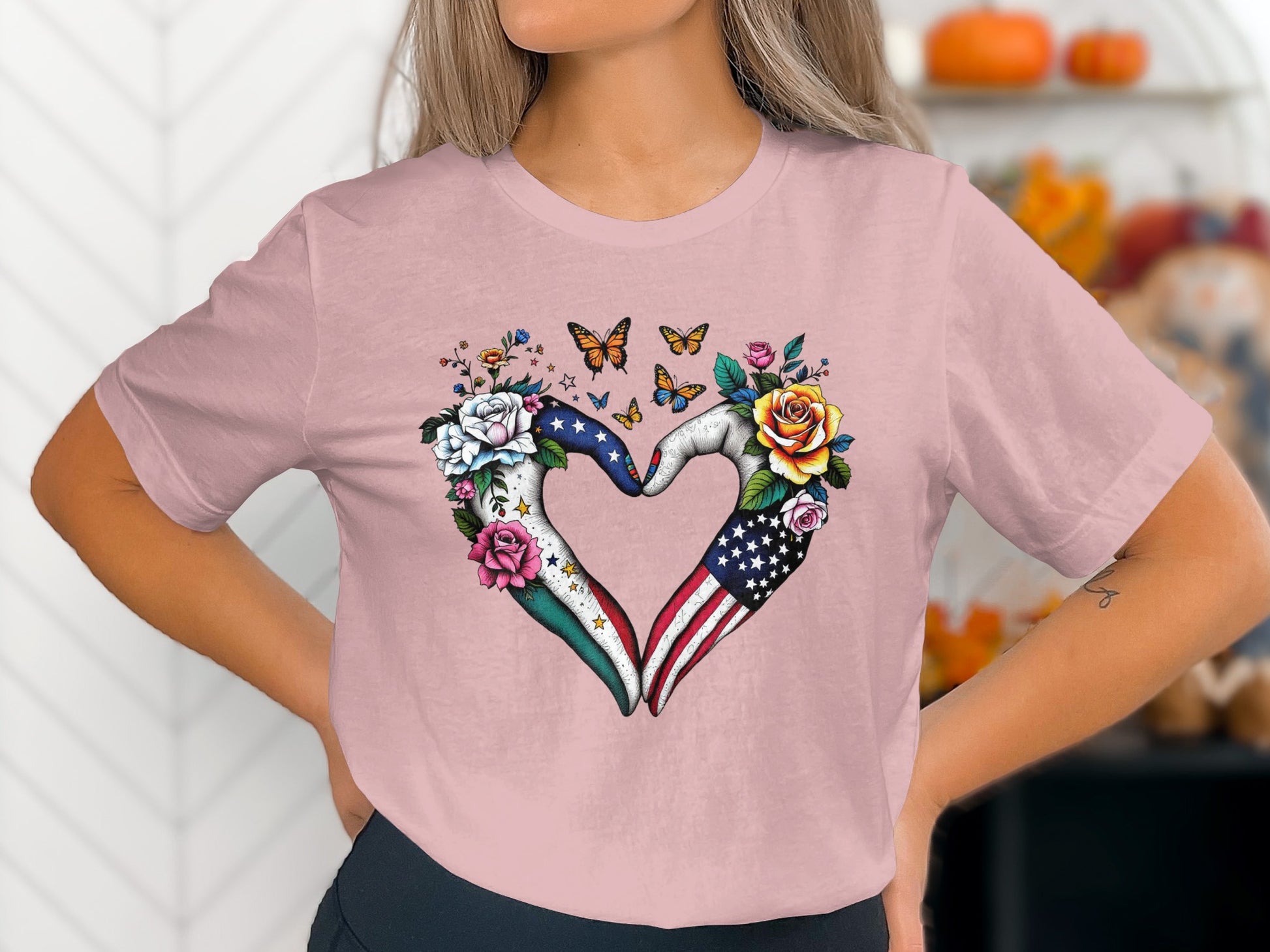 Floral Heart USA and Mexico Flag T-Shirt