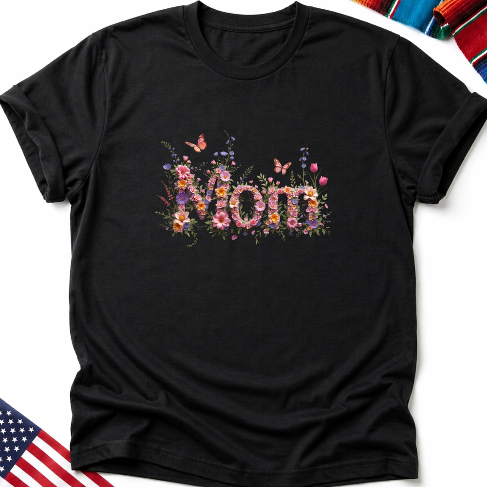 Black t-shirt with "MOM" spelled out in colorful flowers and butterflies.