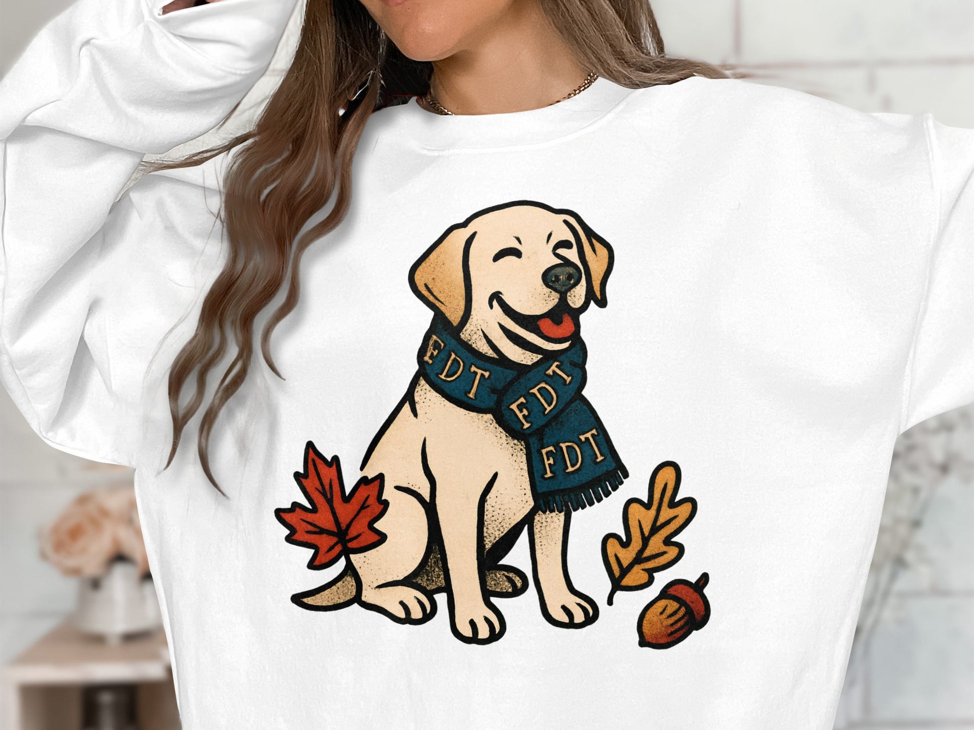 Smiling Dog Autumn Leaves Design Long Sleeve Shirt