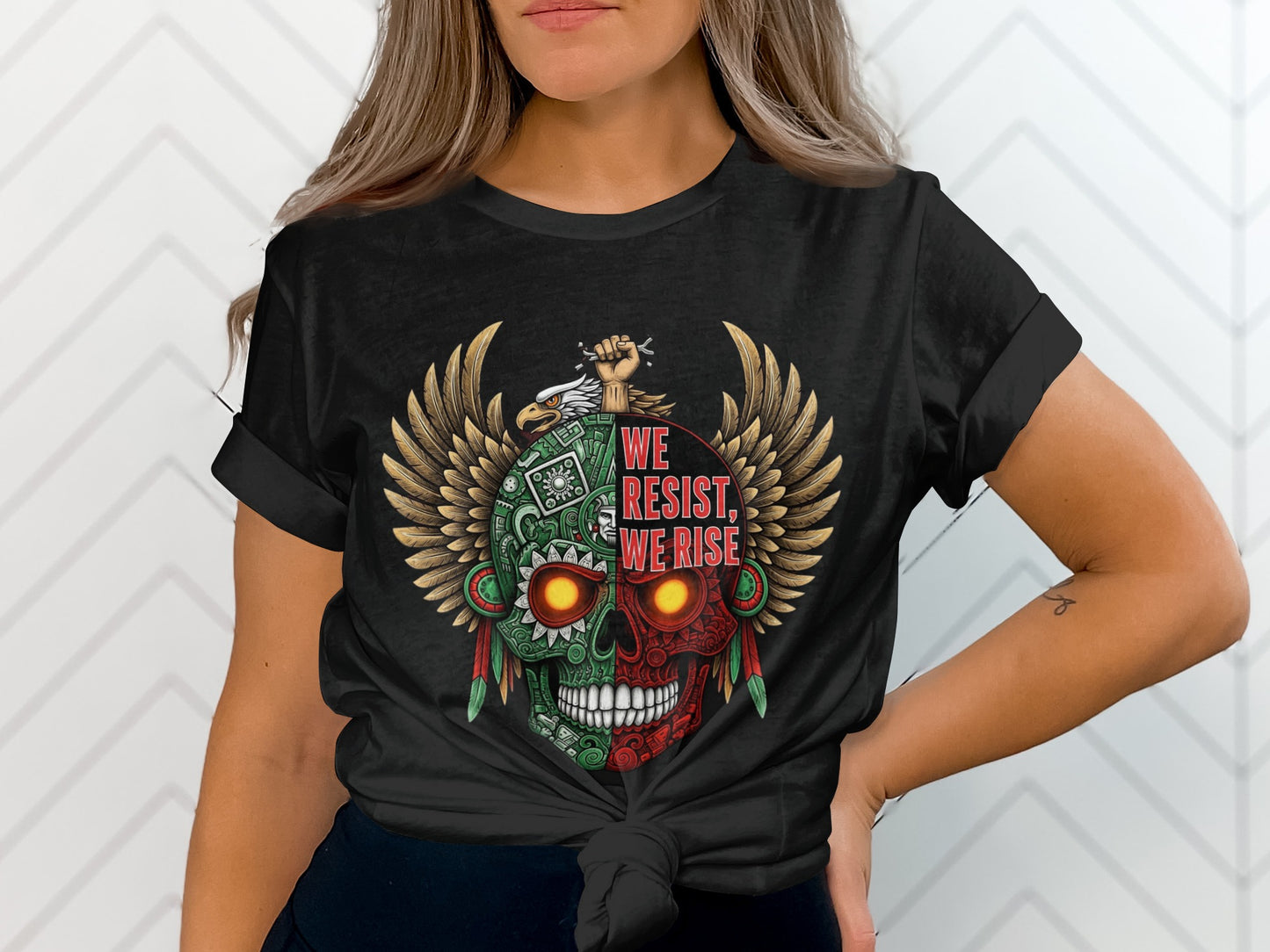 We Resist We Rise Winged Skull Design T-Shirt