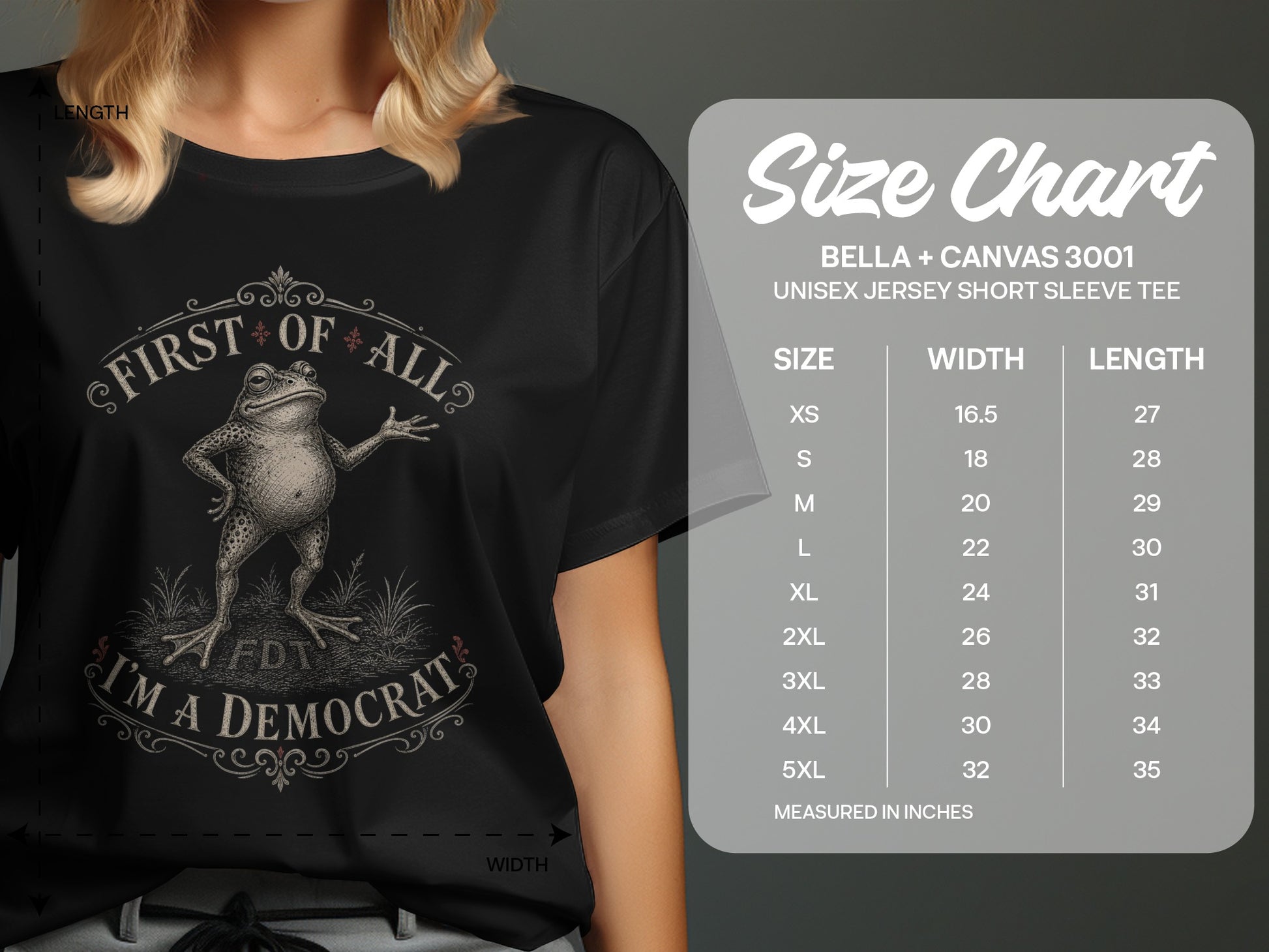 T-shirt with frog graphic and "First of all, I'm a Democrat" text, beside a size chart.
