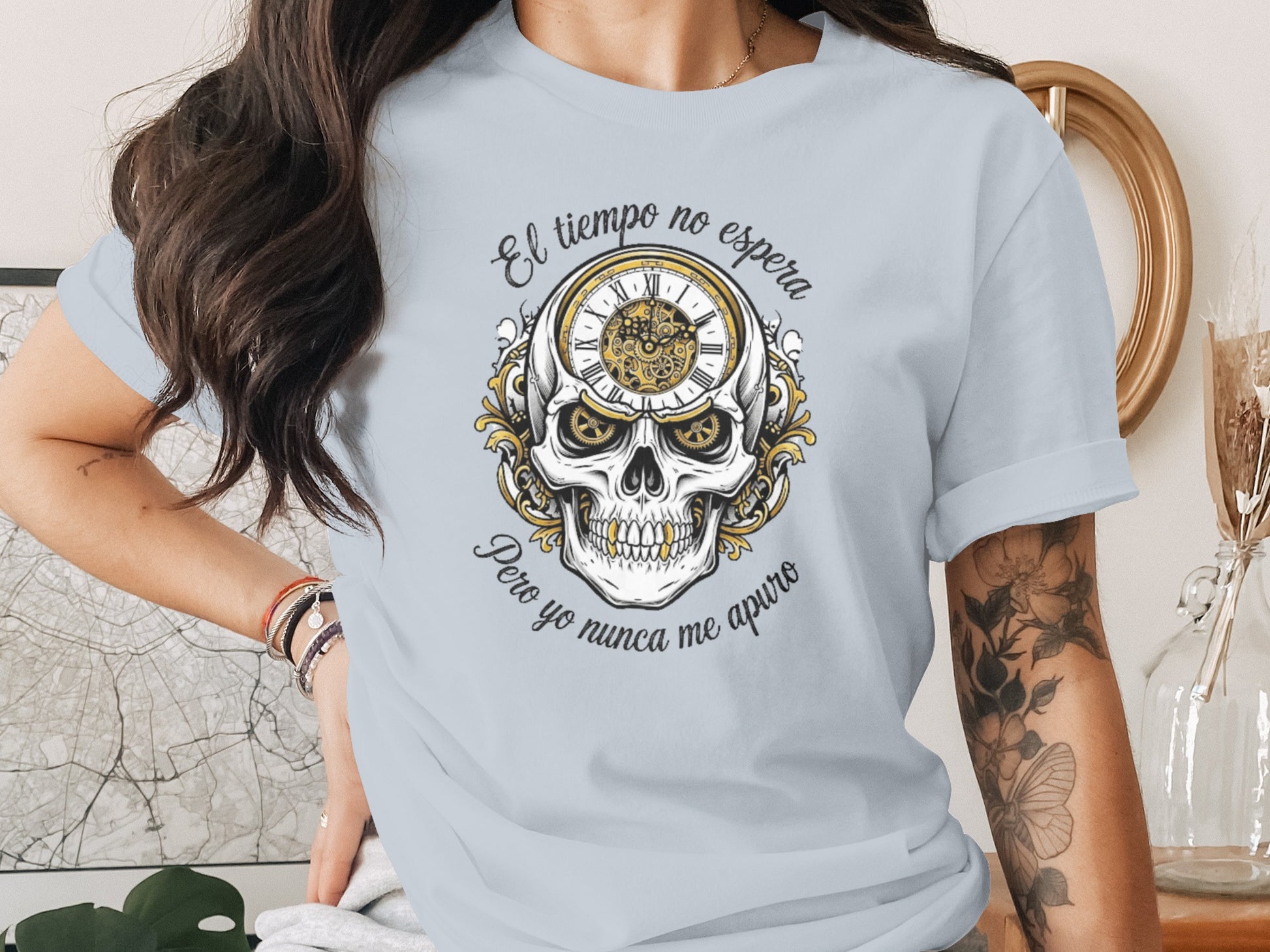 Skull Clock Graphic Tee with Spanish Quote product