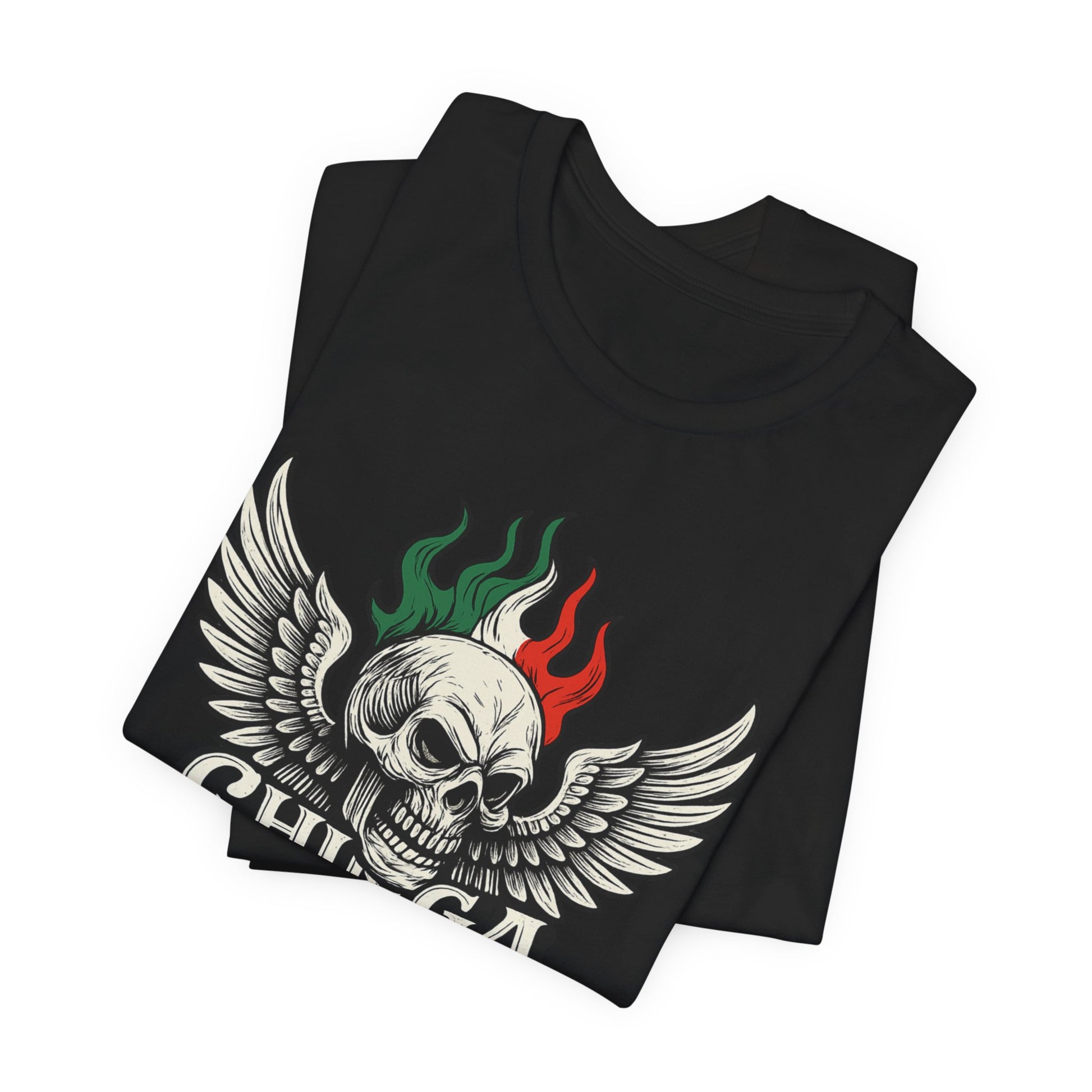 Black t-shirt with a winged skull graphic and flames in red, white, and green.