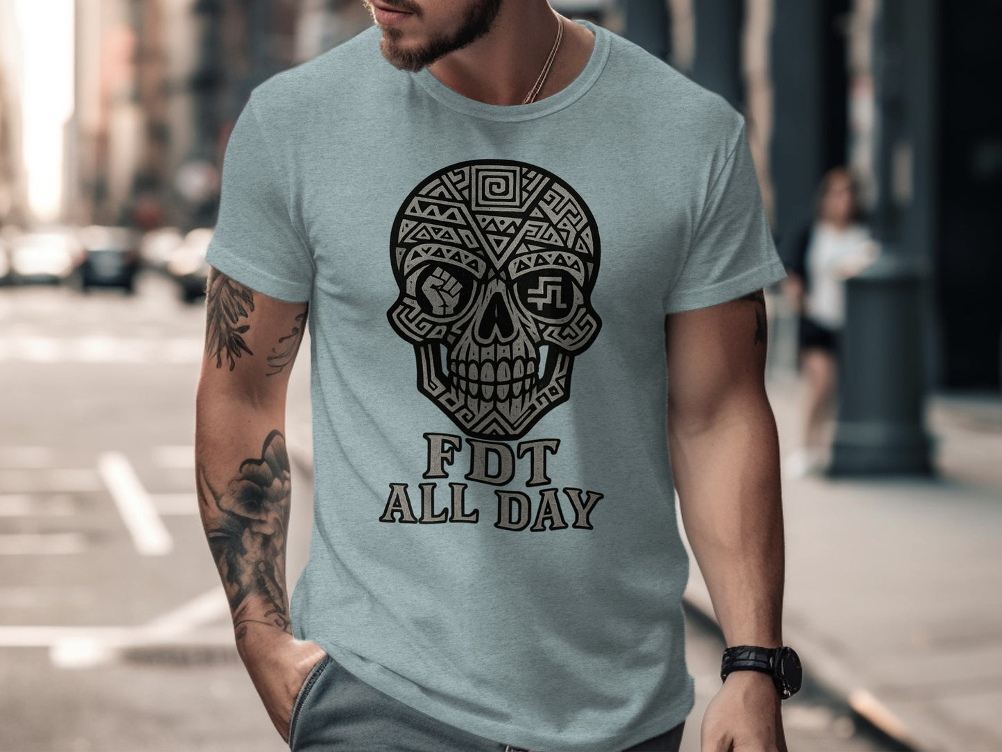 FDT All Day Skull Graphic Tribal Design T-Shirt