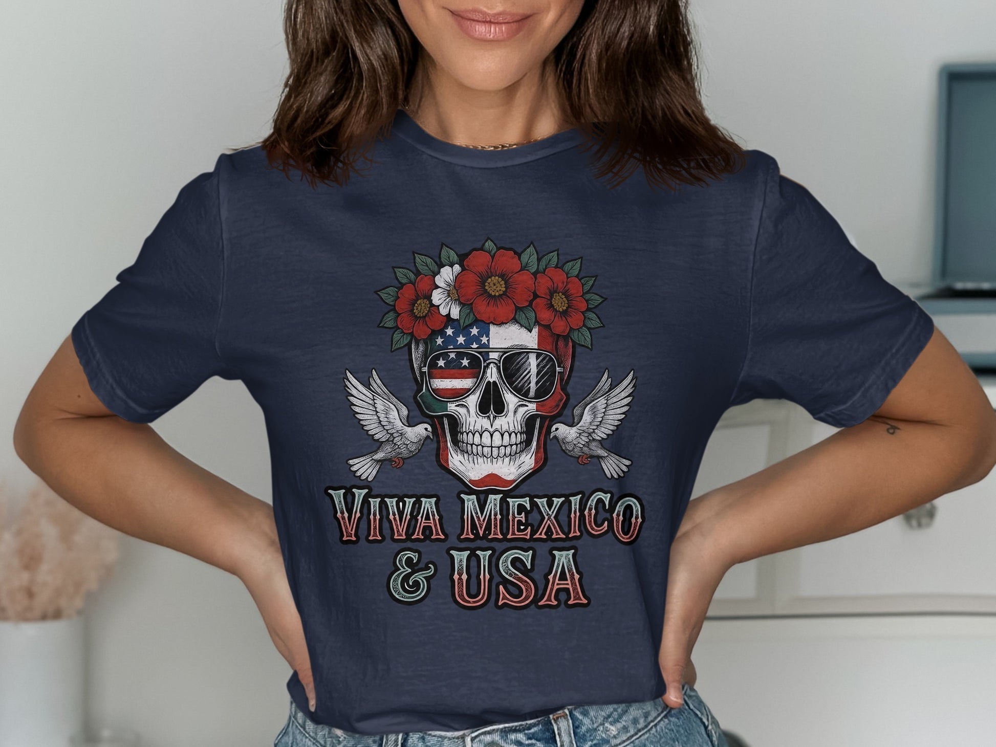 Viva Mexico & USA Skull and Flowers Graphic T-Shirt product