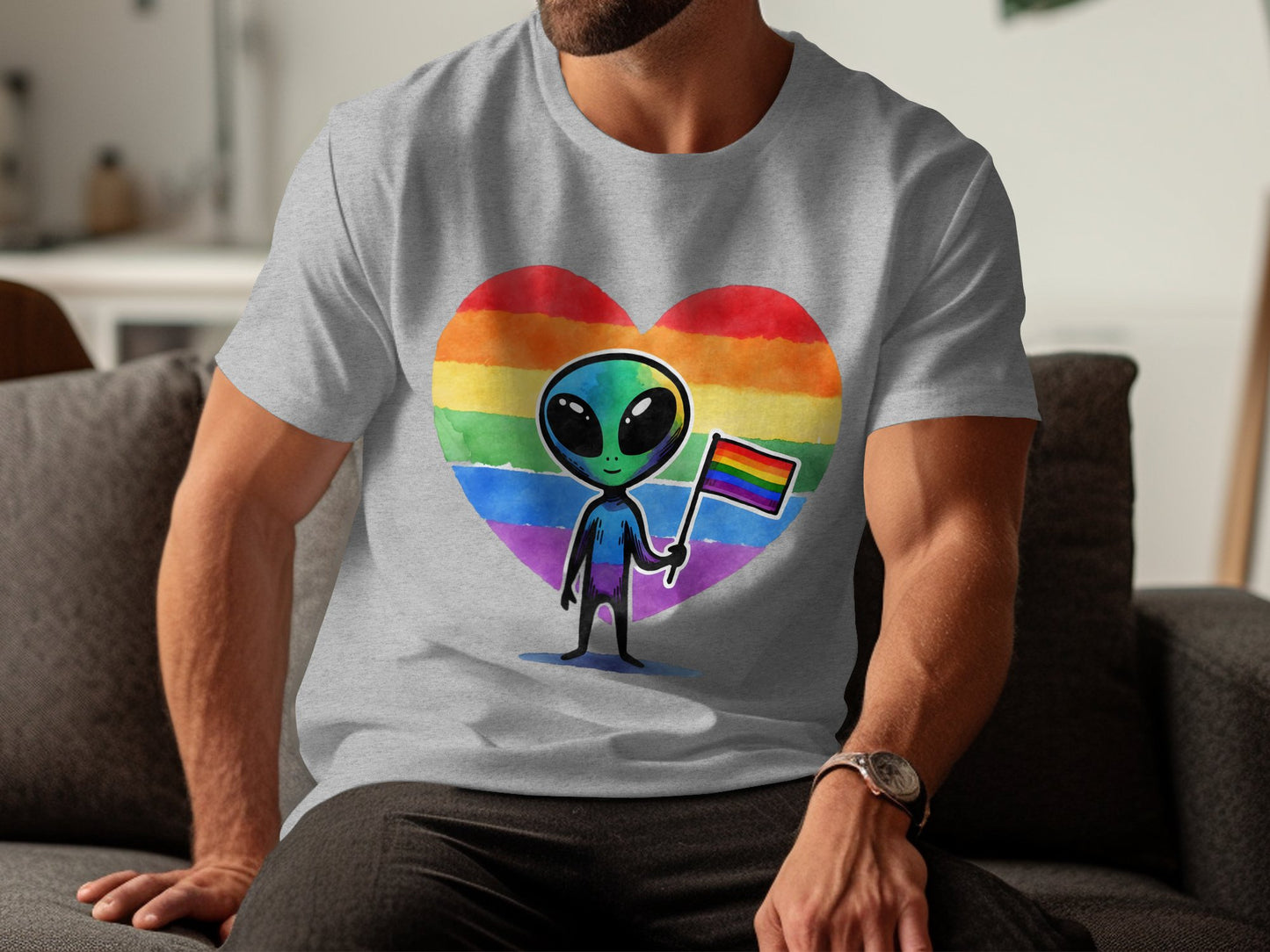 Alien Holding Pride Flag in Heart Graphic T-Shirt product type