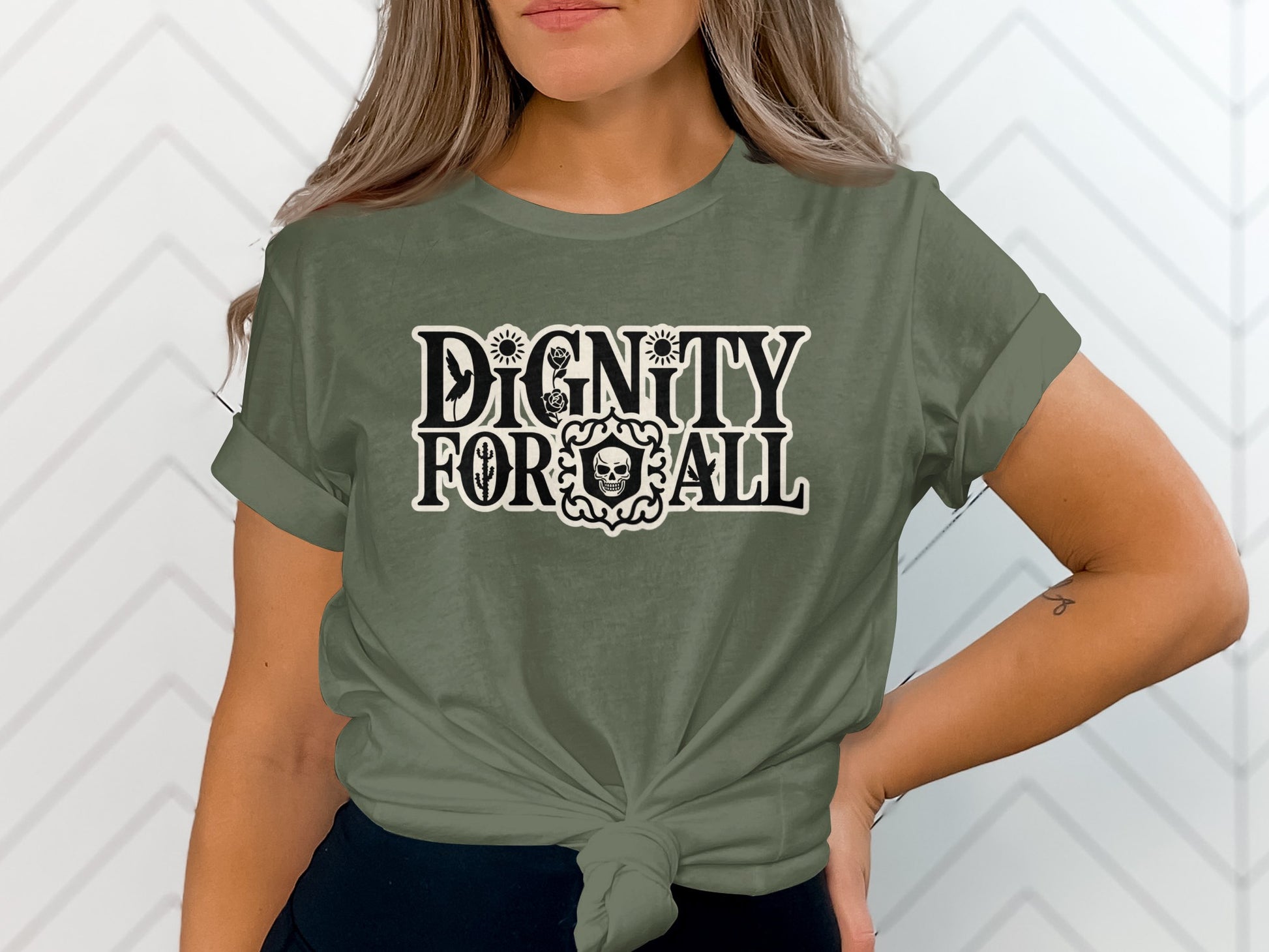 Dignity For All Graphic Tee Shirt with Bold Text Design