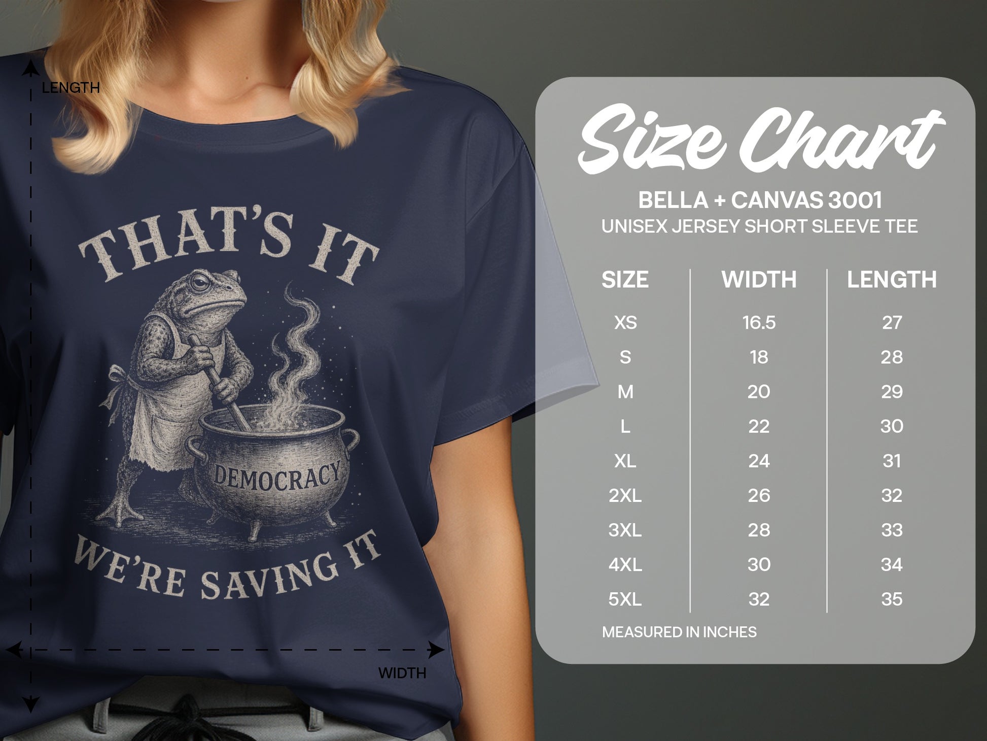 T-shirt with frog in apron and "THAT'S IT WE'RE SAVING IT DEMOCRACY" text.