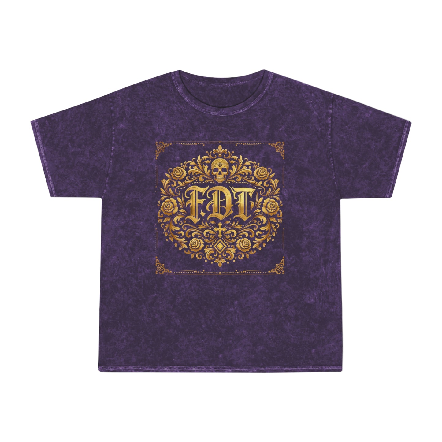 Anti Trump FDT Mineral Wash Tee USA Made  — Vintage Gold Fleur-de-Lis Crest "FDT" Graphic