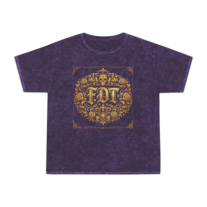 Anti Trump FDT Mineral Wash Tee USA Made  — Vintage Gold Fleur-de-Lis Crest "FDT" Graphic