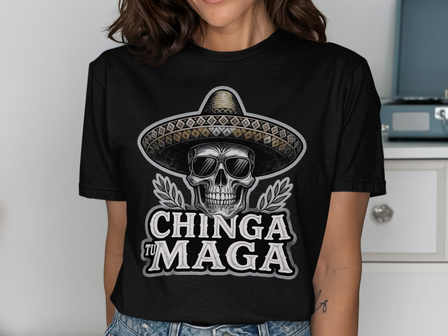 Chinga Tu Maga Skull with Hat Graphic T-shirt product