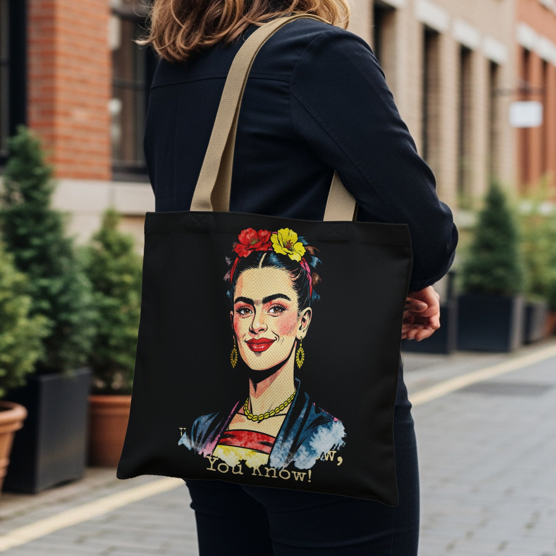 Tote bag with Frida Kahlo portrait and "You Know!" text.