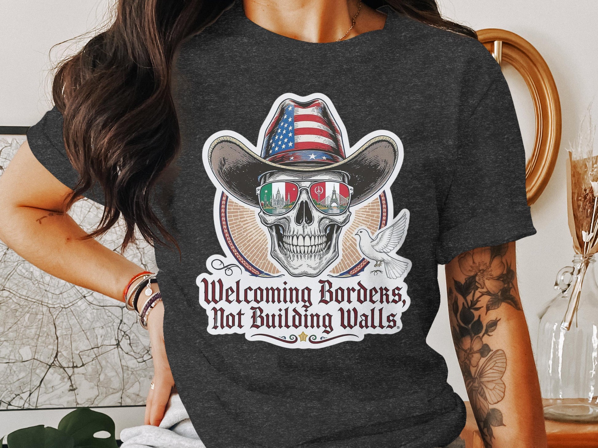 Welcoming Borders Not Building Walls Skull T-Shirt product