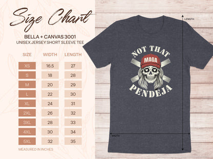 Unisex size chart for Bella+Canvas 3001 tee with skull graphic.