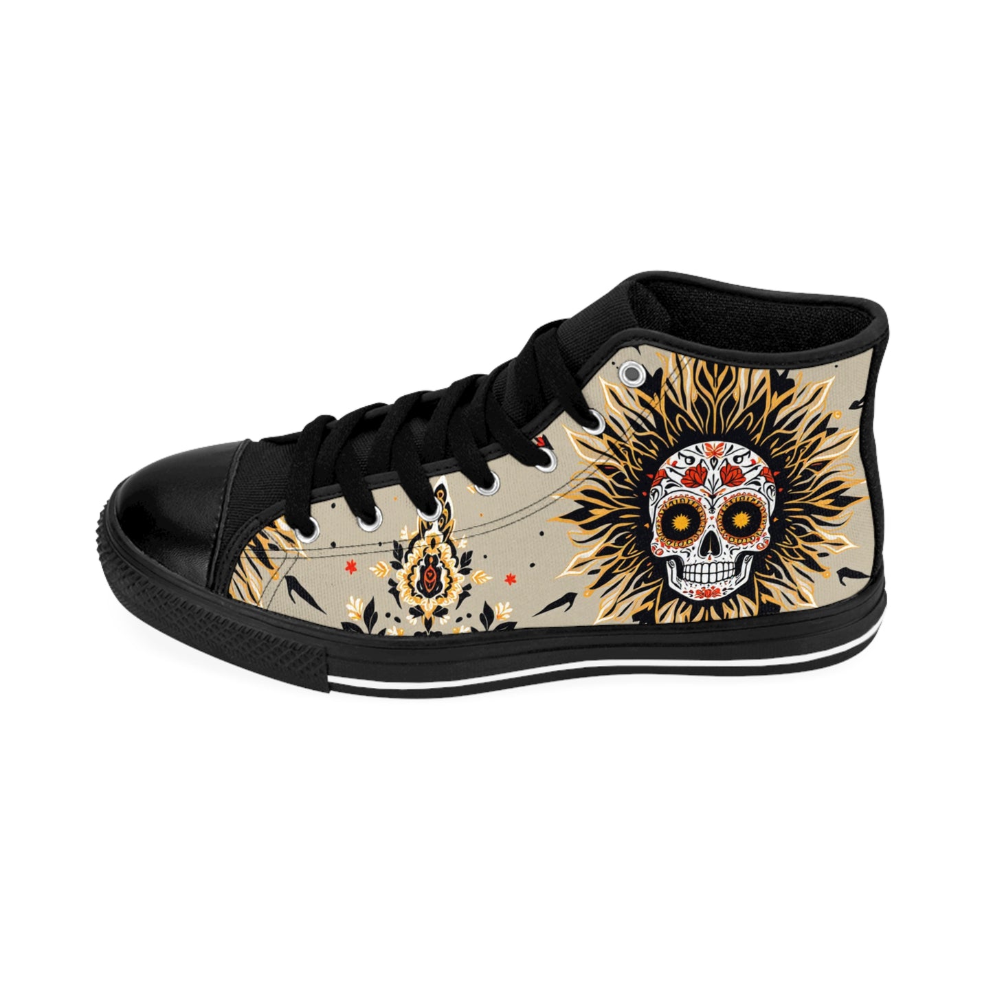 Skull Design High-Top Sneakers, Unique Footwear, Casual Style, Gift for Her, Day of the Dead Shoes, Festival Fashion