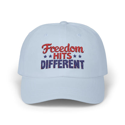 Freedom Hits Different Dad Cap - Classic White Adjustable Hat for Patriotic Fashion