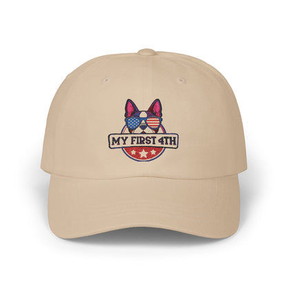 Patriotic Dog Dad Cap - 'My First 4th' Embroidered White Hat