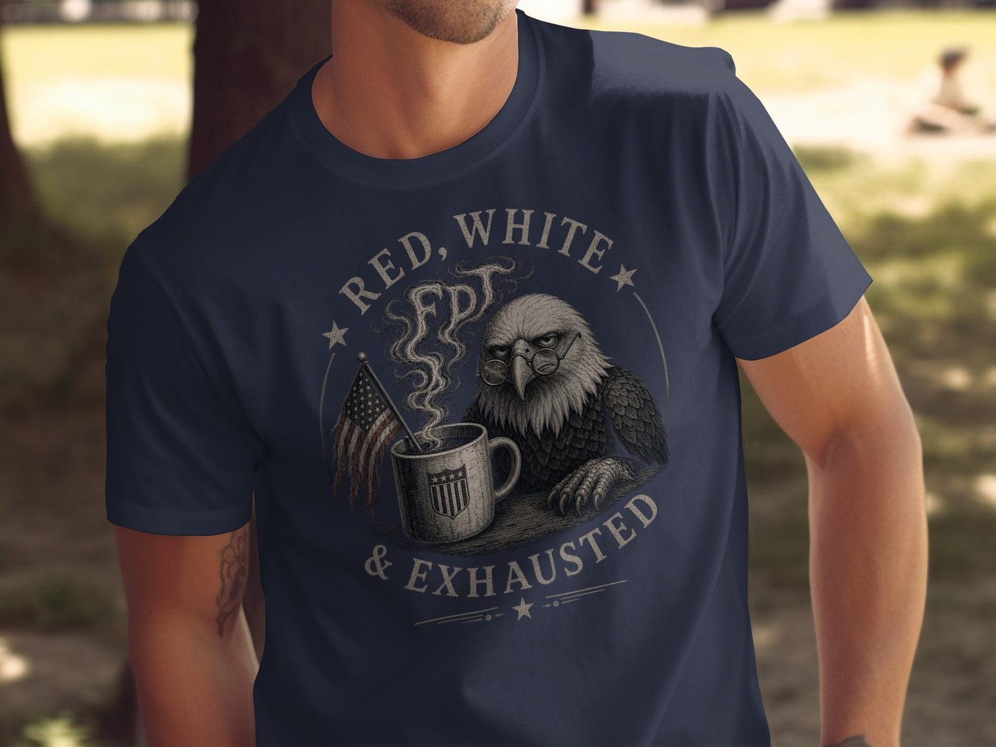 Eagle wearing glasses sips coffee under "Red, White & Exhausted" text.
