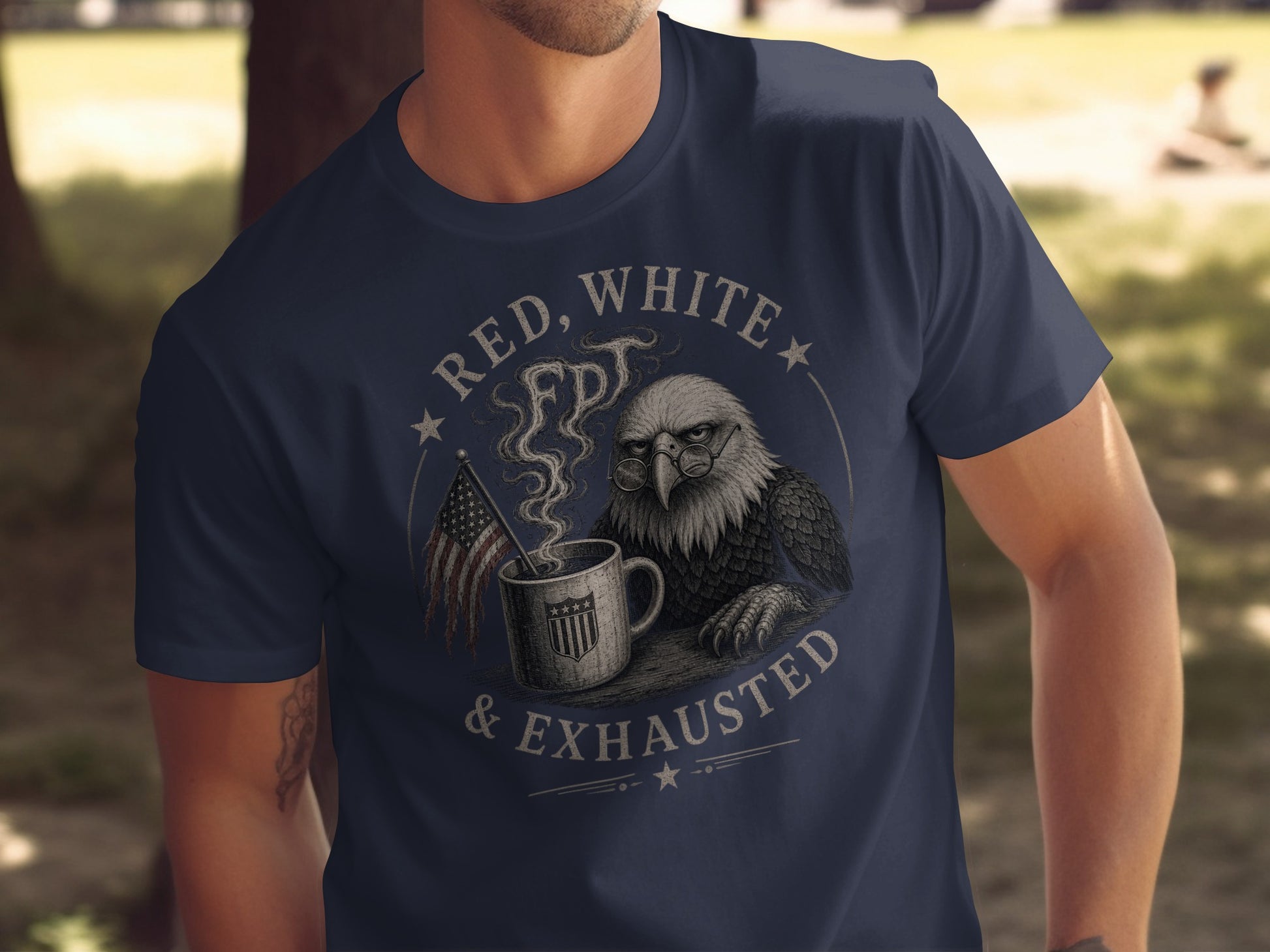 Eagle wearing glasses sips coffee under "Red, White & Exhausted" text.