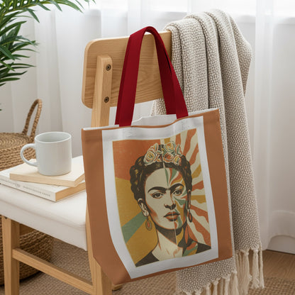 Tote bag featuring a stylized portrait of Frida Kahlo with floral headdress.