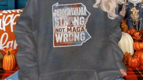 A person wearing a gray sweatshirt with a graphic design on it, which says "Pennsylvania Strong Not MAGA Wrong".