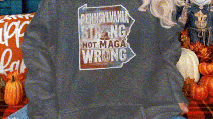 A person wearing a gray sweatshirt with a graphic design on it, which says "Pennsylvania Strong Not MAGA Wrong".