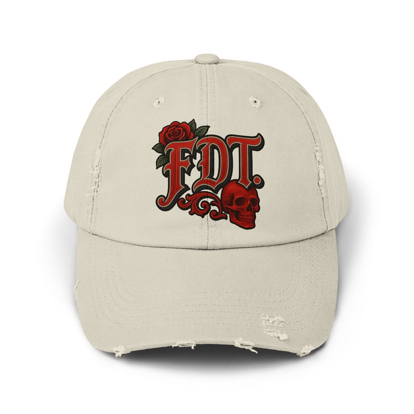 Distressed Beige FDT Skull and Rose Cap Hat product