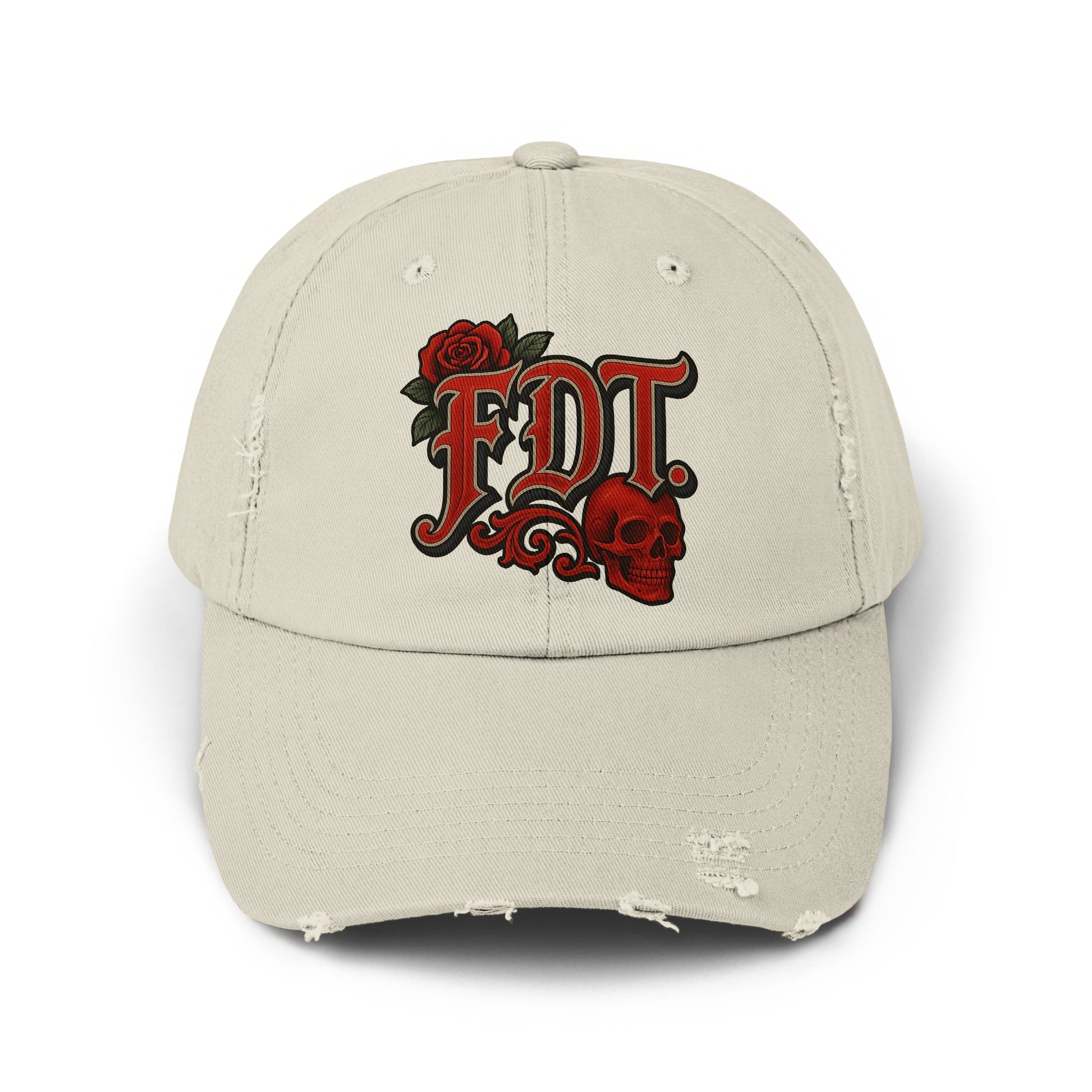 Distressed Beige FDT Skull and Rose Cap Hat product