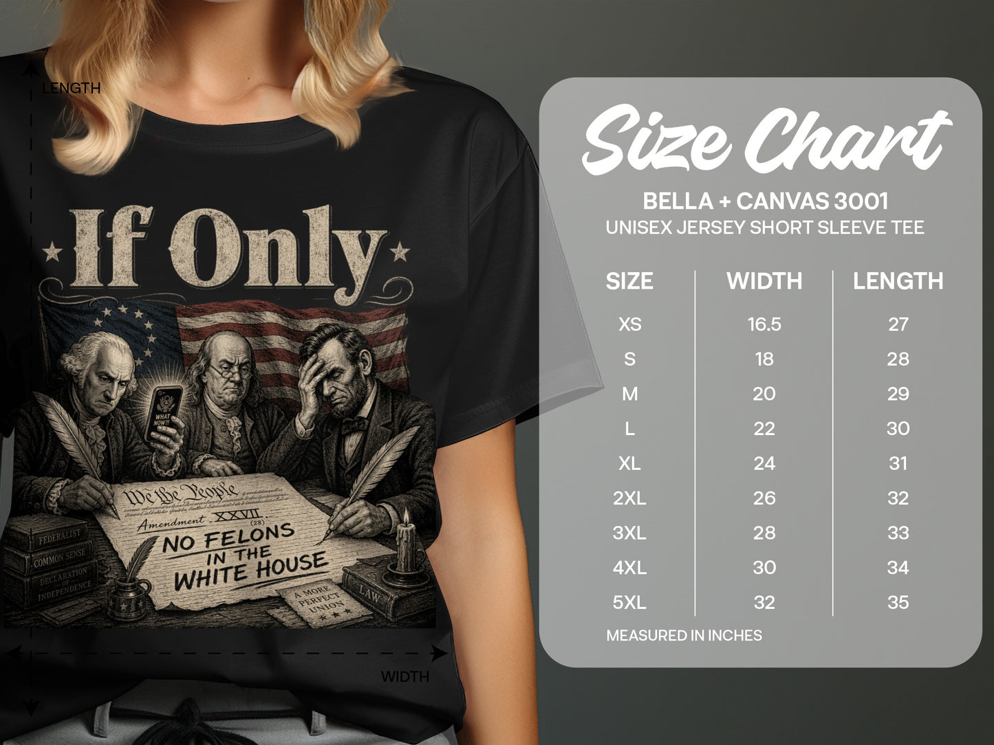 T-shirt graphic with historical figures and text "If Only" and "NO FELONS IN THE WHITE HOUSE".