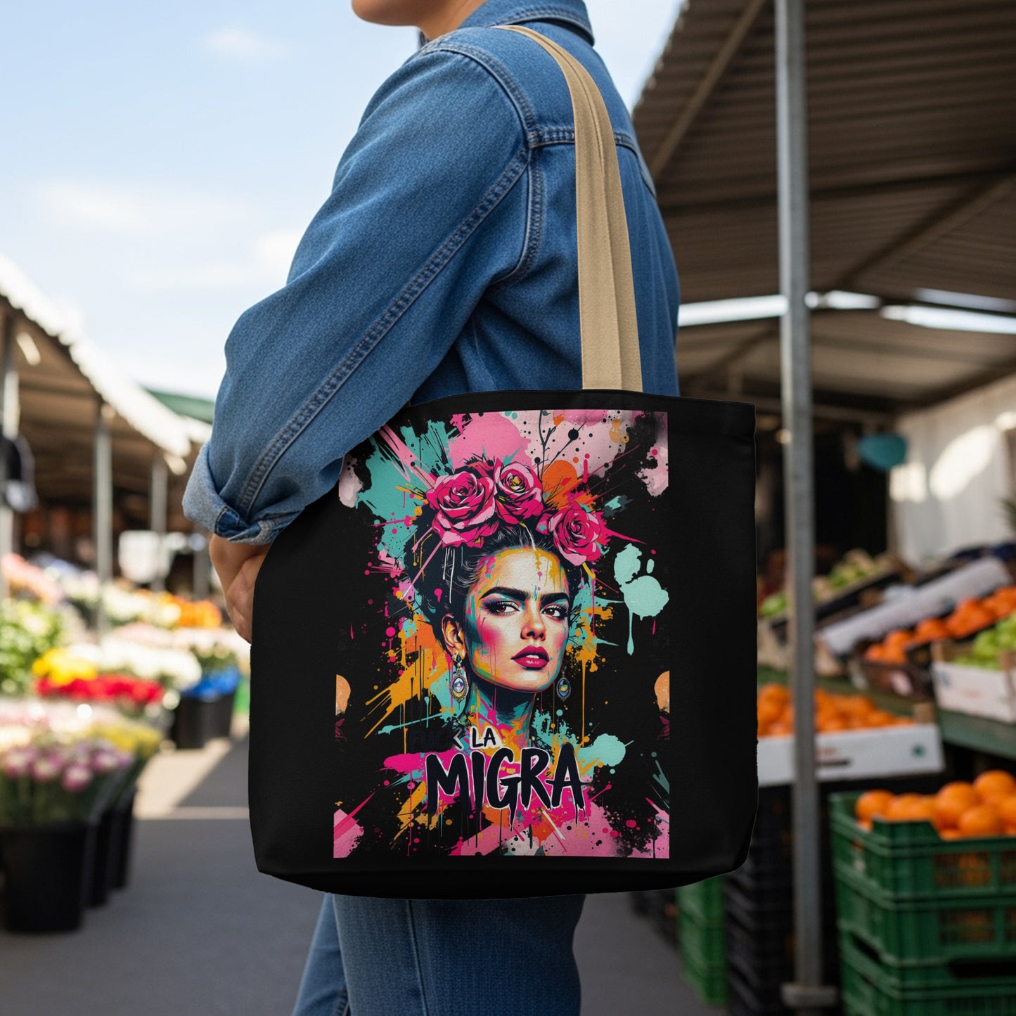 Tote bag featuring a vibrant Frida Kahlo-inspired portrait with "La Migra" text.