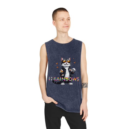 Unisex Stonewash Tank Top - Cute Cat with 'I Love Rainbows' Design