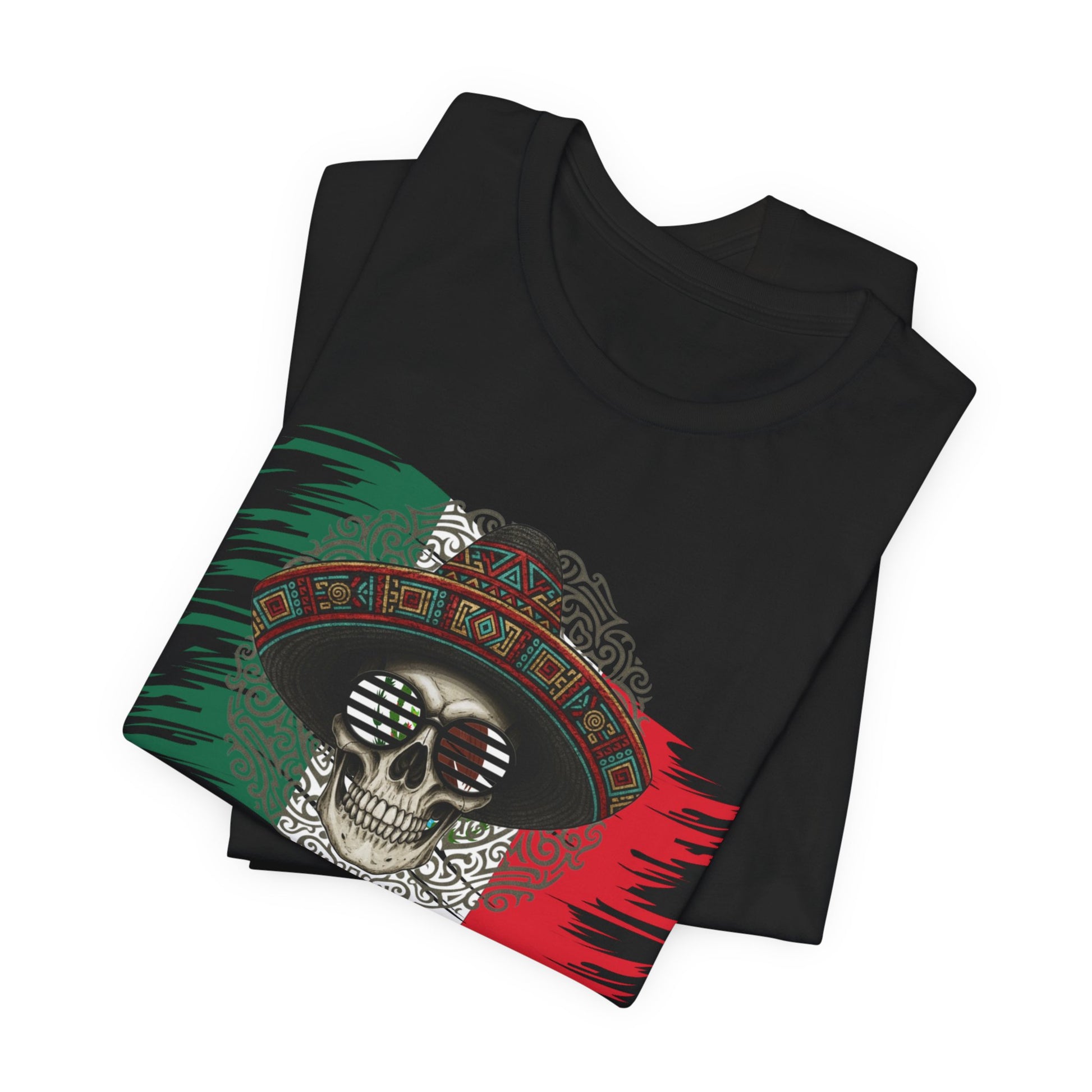 Black t-shirt with skull wearing a sombrero and sunglasses, featuring Mexican flag design.