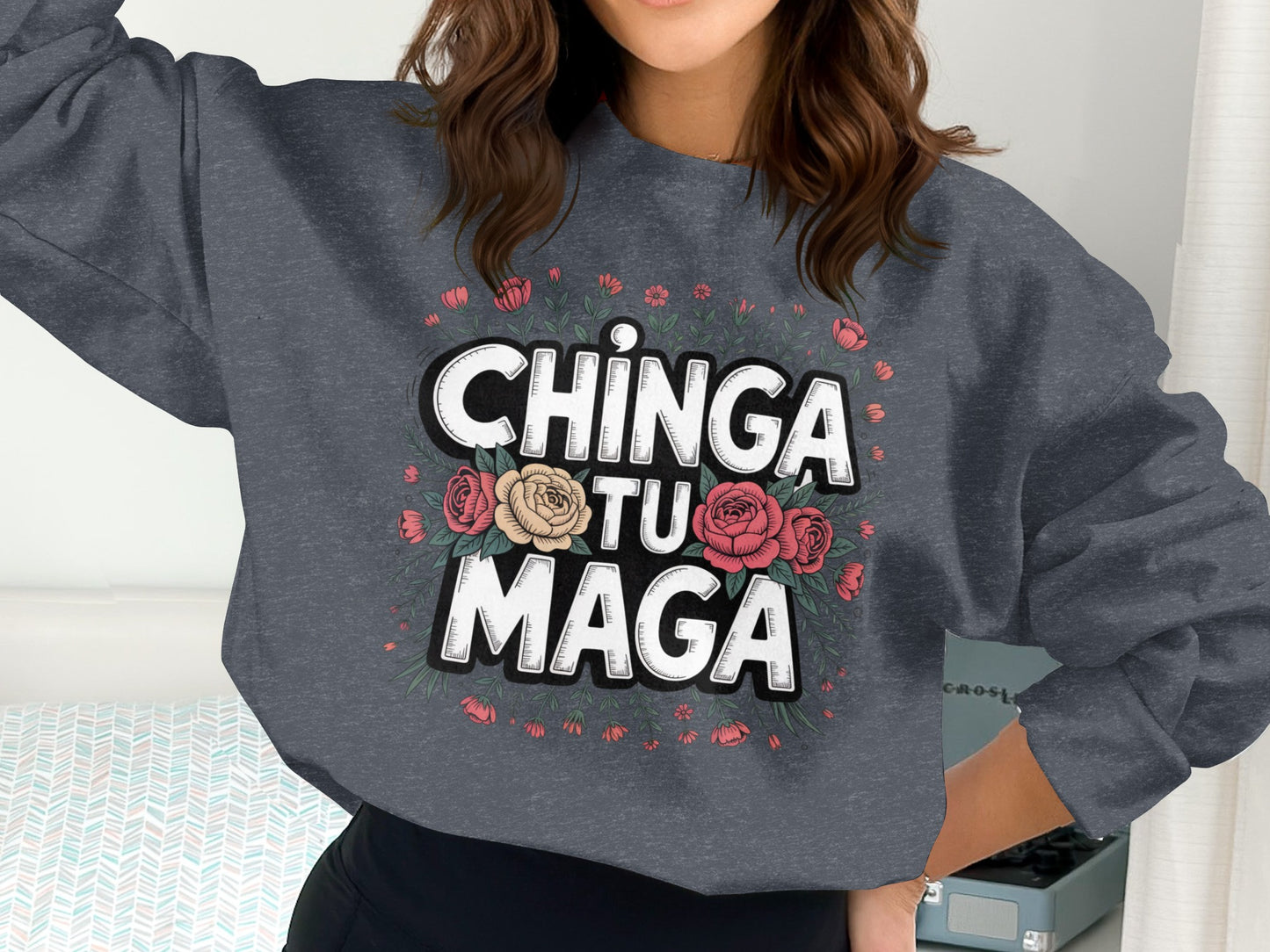 Chinga Tu Maga Sweatshirt with Floral Design product type